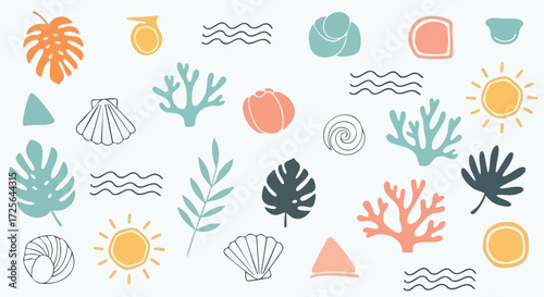 Vibrant tropical beach motifs with playful shells, sun, and foliage create a joyful summer vibe perfect for coastal decor and vibrant designs.