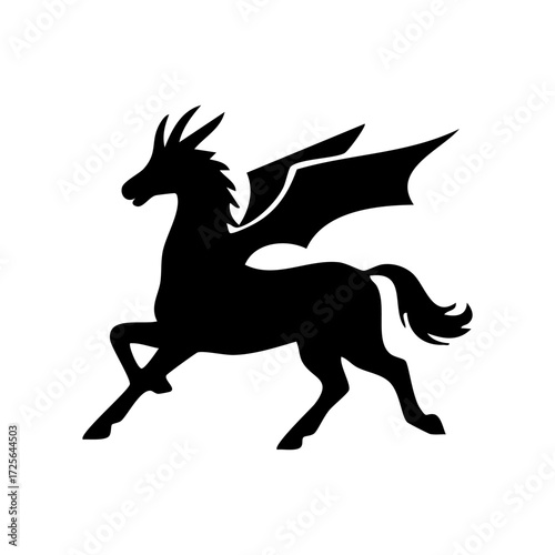 Elegant black silhouette of a mythological beast, a flying horned horse with demonic wings, isolated vector icon