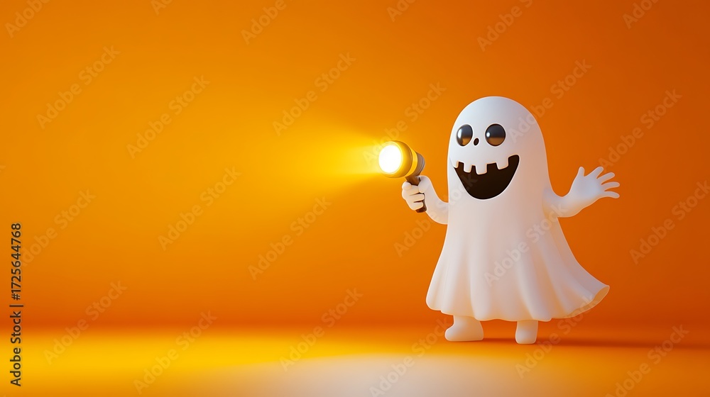 Obraz premium scary Halloween ghost holding a flashlight isolated on yellow background 