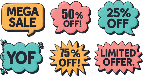 Colorful cartoon sale bubbles promoting mega sale events and limited time offers with discounts of 25% 50% and 75% off for advertising campaigns and promotional marketing materials