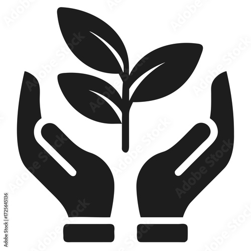 Dark gray icon of hands cradling a small plant sprout growth futuristic silhouette vector icon