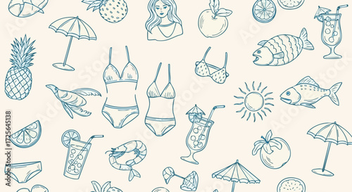 Vibrant summer icons pattern featuring beach essentials, tropical fruits, drinks, and aquatic life, perfect for festive designs