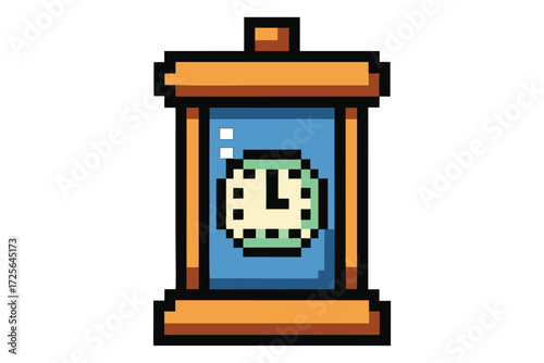 Monochrome pixelated alarm clock icon displays simple time concept in digital style
