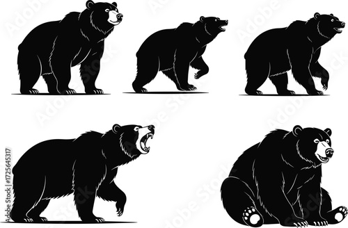 bear, animal, wildlife, predator, silhouette, icon, vector, illustration, black, white, walking, sitting, standing, roaring, posture, fur, nature, behavior, anatomy, concept