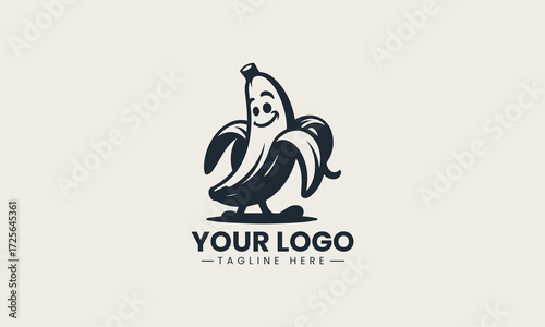 Humorous cartoon banana character with a mischievous grin and peeled skin in a playful black silhouette vector logo design on a bright white background