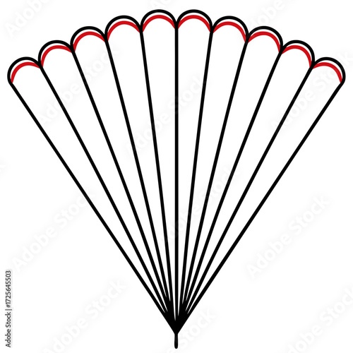 Illustration of a hand fan with black lines and red accents on