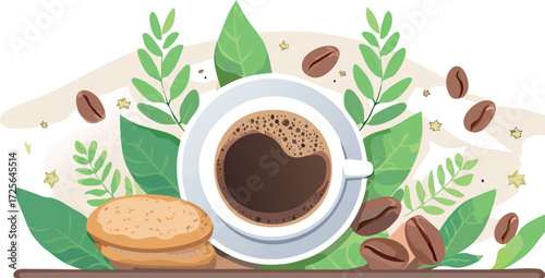Morning coffee with cookies and green leaves