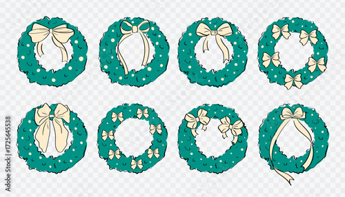 Green Christmas wreaths with ivory ribbons and bows. Elegant holiday decoration vector set. Wreaths  on a transparent background