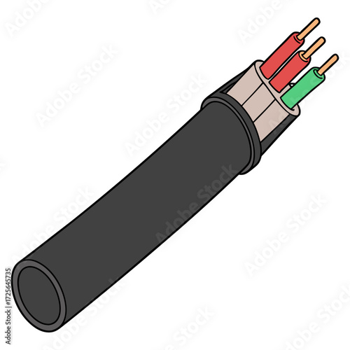 Illustration of a black electrical cable with red and green wires inside