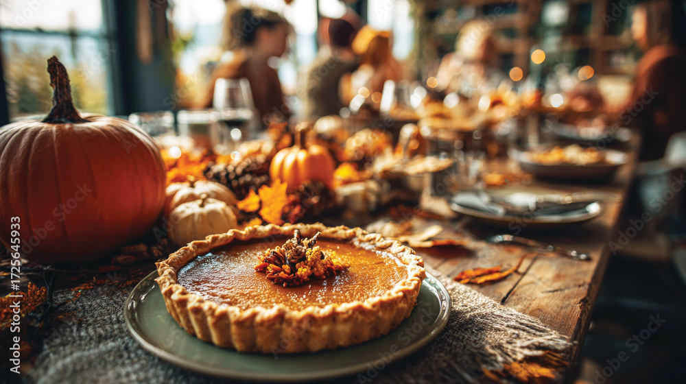 Fototapeta premium Thanksgiving festive dinner with homemade pumpkin pie, happy people around the table, eating and celebrating holiday together