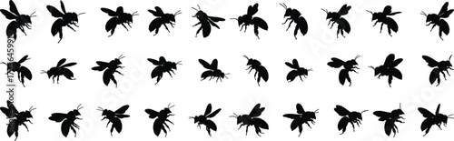 Collection of stylized bee silhouettes in various poses and angles ideal for graphic design and insect themed projects silhouette