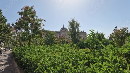 4K video of the Royal Palace of Madrid, Spain, showcasing its grand baroque architecture and historic landmark under clear daylight