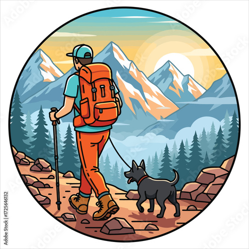 Sunset Hiking Scene with Backpacker and Dog – Vector Art