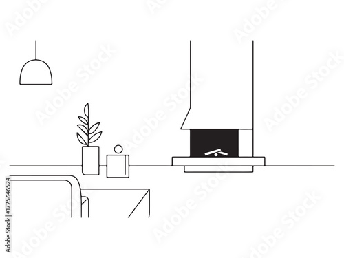Minimalist living room illustration with fireplace plant and overhead lamp