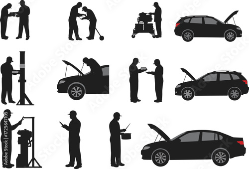 Car repair silhouettes, mechanic tools, vehicle inspection, garage teamwork, diagnostic icons, black vector, auto service scenes