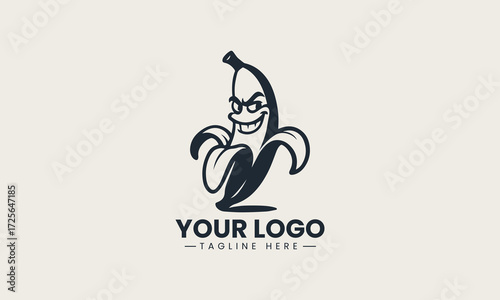 Humorous cartoon banana character with a mischievous grin and peeled skin in a playful black silhouette vector logo design on a bright white background