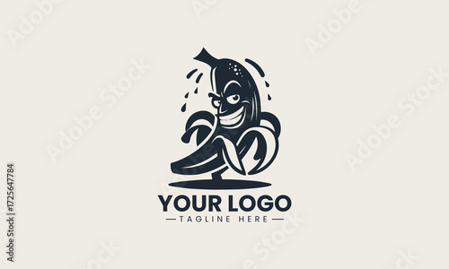 Humorous cartoon banana character with a mischievous grin and peeled skin in a playful black silhouette vector logo design on a bright white background