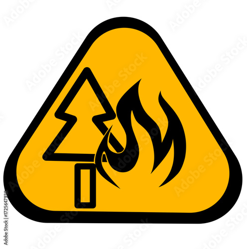 Vector warning sign with a tree and fire flame inside a yellow triangle, symbolizing forest fire danger. Used in safety communication, wildfire prevention, and environmental awareness campaigns.