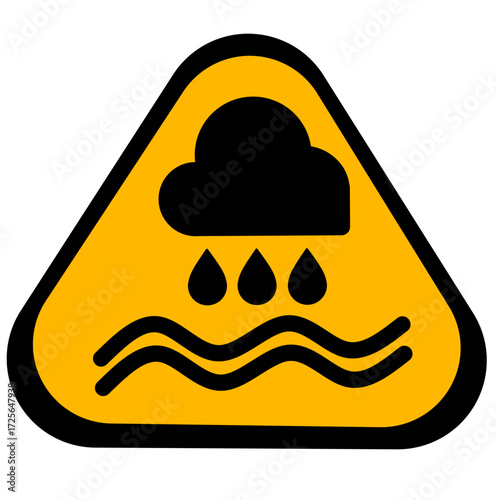 Vector warning sign with a rain cloud and water waves inside a yellow triangle, symbolizing flood hazard or heavy rainfall. Perfect for safety manuals, disaster awareness, weather alerts, and environm