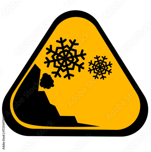Warning sign showing avalanche risk, ideal for use in snowy mountain regions. The icon features snowflakes and a falling cliff, signaling snow-related dangers. Perfect for ski resorts, outdoor gear br
