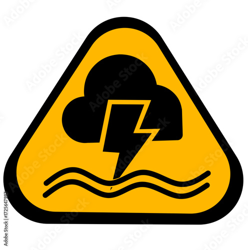 Thunderstorm warning icon with cloud, lightning bolt, and water waves. A powerful visual alert for dangerous storm conditions, ideal for weather forecasts, outdoor safety signs, apps, or public awaren