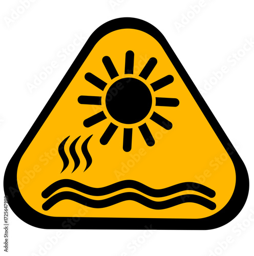 High heat warning sign illustration featuring a sun and heat waves. Ideal for use in hot climate zones, deserts, beaches, or during extreme weather alerts. Perfect for weather apps, safety campaigns, 