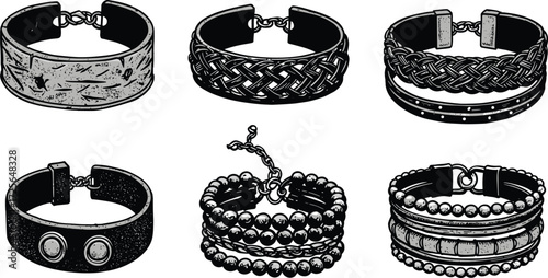 Black silhouette vector illustration of assorted bracelet designs including leather, woven, beaded, layered, and decorative fashion wrist accessories collection