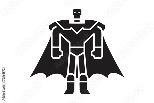 Monochrome superhero figure is standing with cape flowing behind in a powerful pose