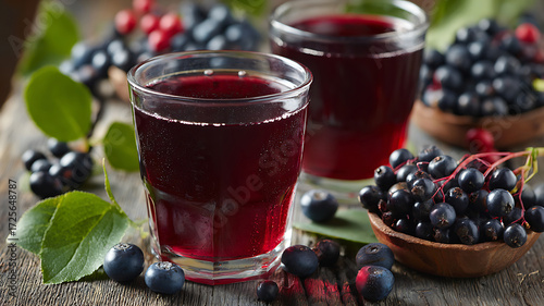 Vibrant Red Berry Juice in Glasses with Fresh Aronia and Blueberries on a Rustic Table.