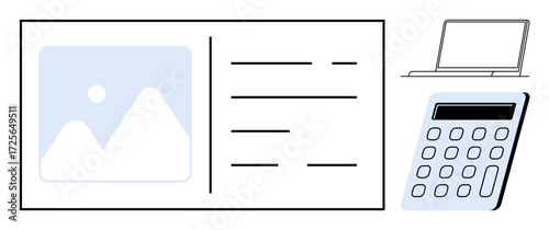 Digital card with an image placeholder, text, laptop, and calculator. Ideal for productivity, organization, calculation, tech use education finance business strategy. Simple flat metaphor