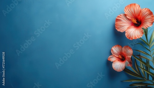 Hibiscus flowers and palm leaves on a vibrant blue background