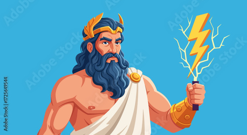 Illustration of Zeus, the Greek god, holding a lightning bolt, depicted in a vibrant style.