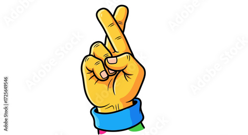 Cartoon illustration of a hand with fingers crossed, symbolizing luck and hope.