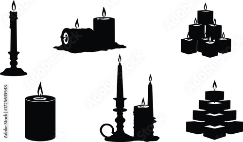 "Vector candle silhouettes set with burning flames, decorative holders, wax drips, pyramid arrangements, spiritual lighting, festive celebration, meditation, relaxation"