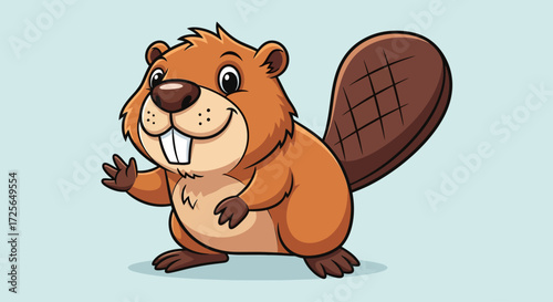 A cheerful cartoon beaver waving its paw with a happy expression, smiling broadly.
