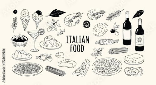 Delightful Italian food collection featuring pizza pasta cheese wine ice cream and antipasti perfect for culinary themes