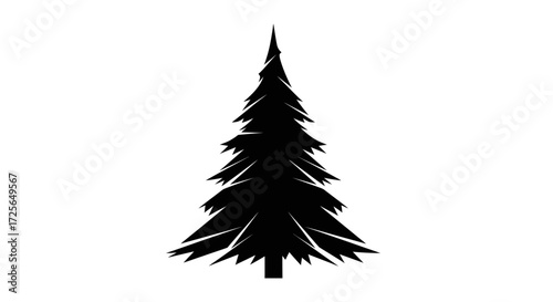 A stylized, black silhouette of a coniferous evergreen tree, possibly a fir or pine, against a white background.
