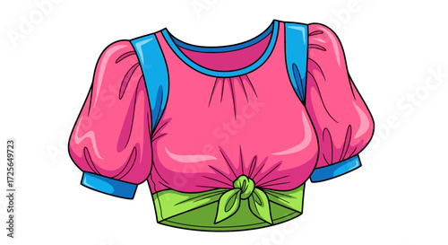 A colorful cartoon illustration of a stylish pink crop top with voluminous sleeves and a knotted green waist.