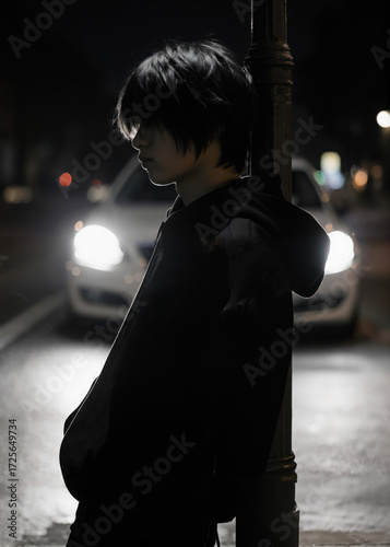 Teenage boy in emo style wearing black hoodie, fringe covering face, leaning against lamppost with silhouette illuminated by white headlights, alternative youth subculture