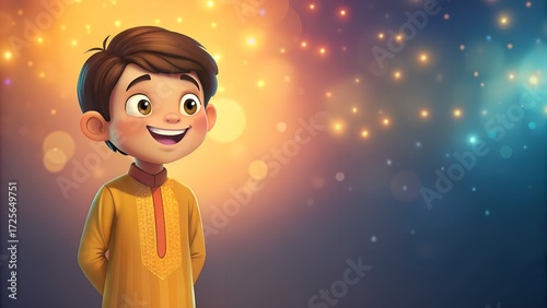 Delighted cartoon Indian boy against glowing starry background