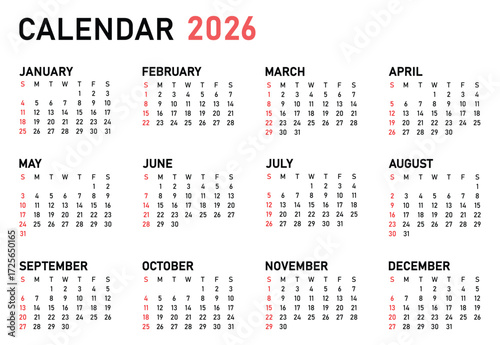 2026 calendar. monthly calendar template for 2026 year. classic minimalist calendar 2026. week starts on Sunday. Vector illustration on transparent background. diary planner for 2026 year.