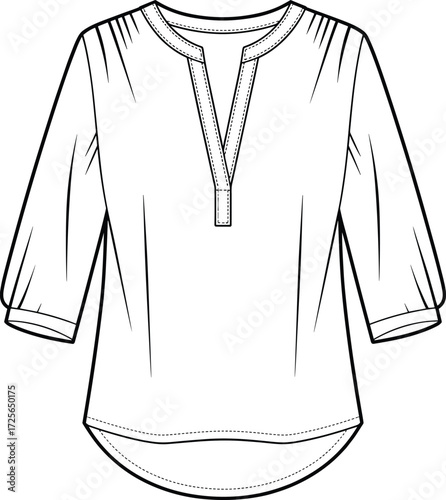 Women's casual tunic top flat sketch, fashion technical drawing, long sleeve blouse illustration, vector apparel template, sewing design resource