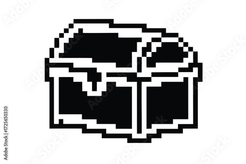 Open black pixelated treasure chest reveals its empty interior on a white background