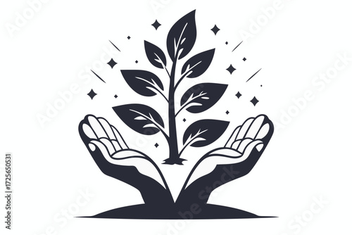 Open hands gently nurture a sprouting tree beneath sparkling starlight for growth and sustainability