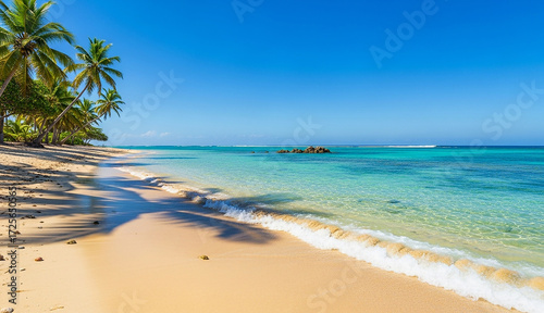 Tropical beach with palm trees and clear turquoise water on a sunny day