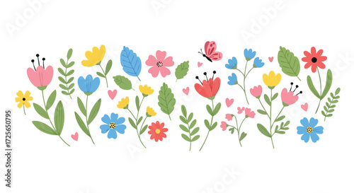 Vibrant blooming wildflowers and delicate butterfly create a cheerful springtime border, perfect for joyful celebrations and natural designs.