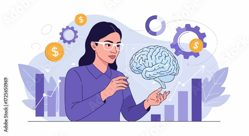 Neuromarketing and business intelligence concept, a woman analyzing financial data and consumer psychology with charts and gears