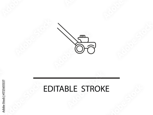 Minimalist outline of lawnmower with editable stroke style for easy customization perfect for creative projects and garden themes.
