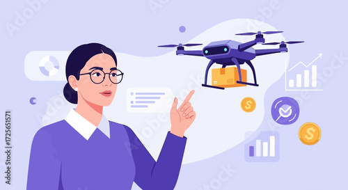 A professional woman analyzes data for an automated drone delivery service, illustrating the future of logistics and supply chain technology