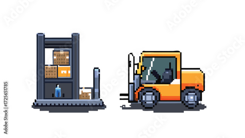 Forklift 8-Bit Pixel Art Sprite. Isolated Warehouse Vehicle Game Asset